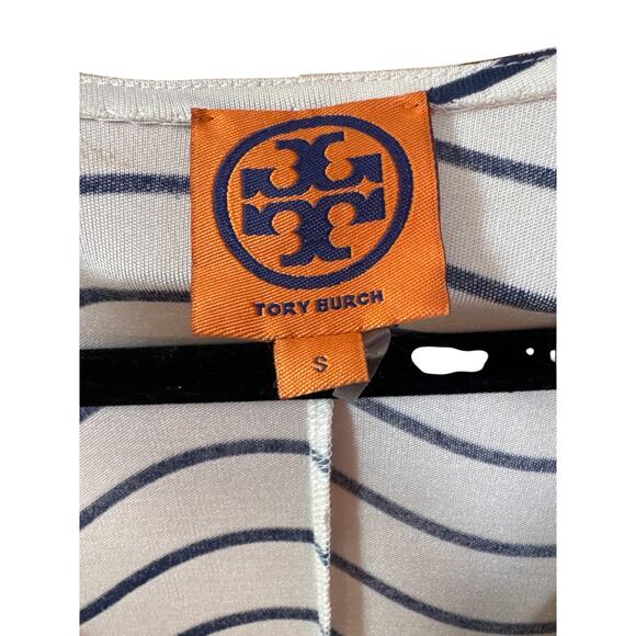 Tory Burch 100% Silk Cream Navy Stripe Signature Dress Small - Picture 2 of 13